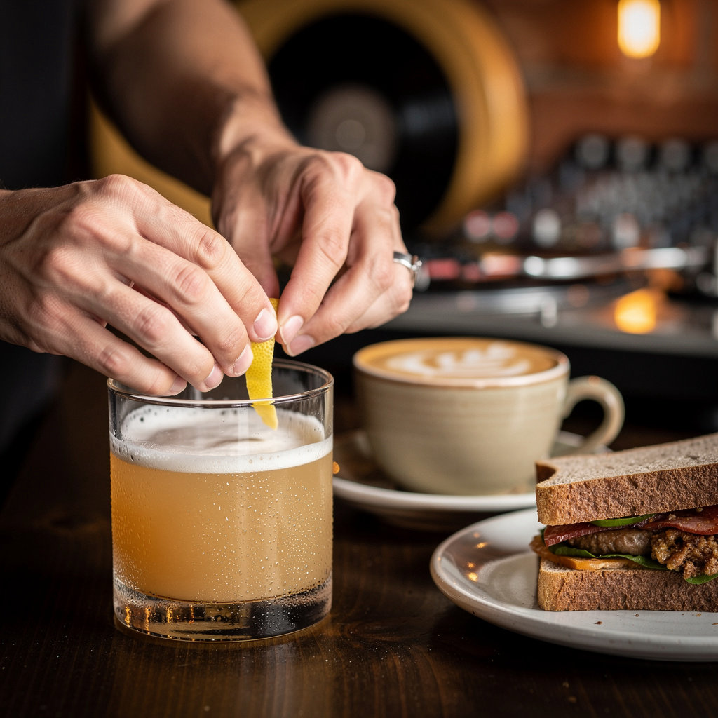 Black Dog Vinyl Cafe craft beverages and fresh food offerings including coffee, beer, wine, and cocktails