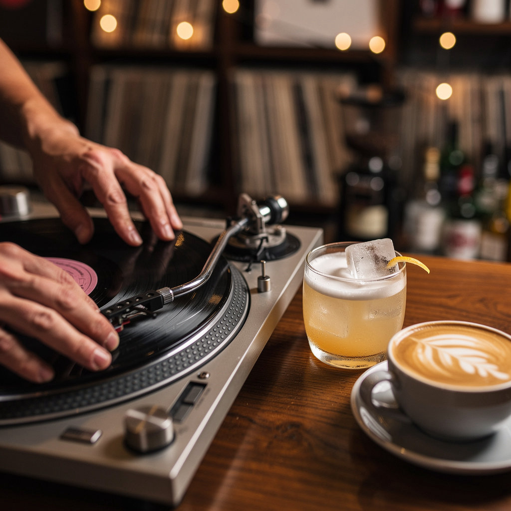Black Dog Vinyl Cafe intimate event space with vinyl records and warm lighting - perfect for private celebrations and gatherings