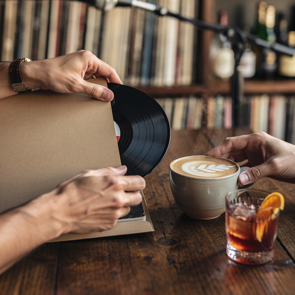 Black Dog Vinyl Cafe interior with vinyl records, warm lighting, and welcoming atmosphere created by owners Mike and Cathy Marchetti